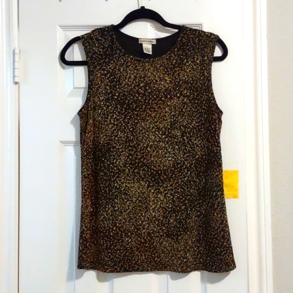 Black sleeveless blouse with earthtones and gold flecks